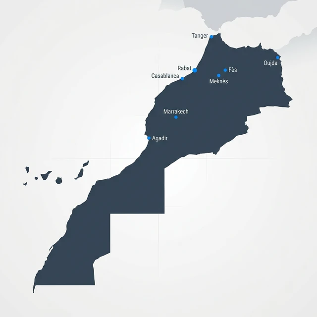 Carte du Maroc - Localisation des groupes électrogènes insonorisés Cinéloc Power à Casablanca, Rabat, Marrakech et partout au Maroc